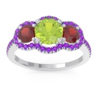 Peridot Ring In 18k White Gold With Garnet And Amethyst Attika Round Three-stone Ring