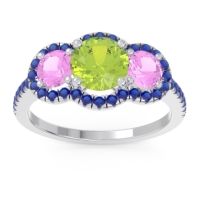 Peridot Ring In 18k White Gold With Pink Tourmaline And Blue Sapphire Attika Round Three-stone Ring
