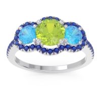 Peridot Ring In 14k White Gold With Swiss Blue Topaz And Blue Sapphire Attika Round Three-stone Ring