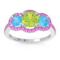Peridot Ring In 14k White Gold With Swiss Blue Topaz And Pink Tourmaline Attika Round Three-stone Ring