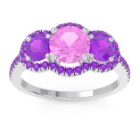 Pink Tourmaline Ring In Palladium With Amethyst Attika Round Three-stone Ring