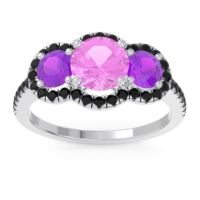 Pink Tourmaline Ring In Palladium With Amethyst And Black Onyx Attika Round Three-stone Ring