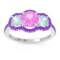 Pink Tourmaline Ring In Palladium With Aquamarine And Amethyst Attika Round Three-stone Ring