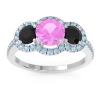 Pink Tourmaline Ring In Palladium With Black Onyx And Aquamarine Attika Round Three-stone Ring