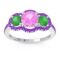 Pink Tourmaline Ring In Palladium With Emerald And Amethyst Attika Round Three-stone Ring