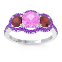 Pink Tourmaline Ring In Palladium With Garnet And Amethyst Attika Round Three-stone Ring