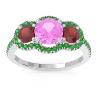 Pink Tourmaline Ring In Palladium With Garnet And Emerald Attika Round Three-stone Ring