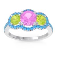 Pink Tourmaline Ring In Palladium With Peridot And Swiss Blue Topaz Attika Round Three-stone Ring
