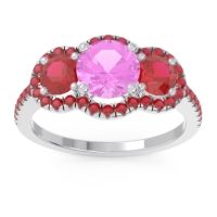 Pink Tourmaline Ring In Palladium With Ruby Attika Round Three-stone Ring
