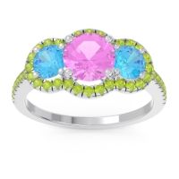 Pink Tourmaline Ring In 14k White Gold With Swiss Blue Topaz And Peridot Attika Round Three-stone Ring
