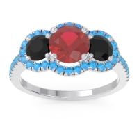 Lab Ruby Ring In Palladium With Black Onyx And Swiss Blue Topaz Attika Round Three-stone Ring