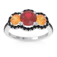 Ruby Ring In 18k White Gold With Citrine And Black Onyx Attika Round Three-stone Ring