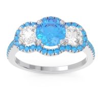 Swiss Blue Topaz Ring In Palladium With Lab Diamond Attika Round Three-stone Ring