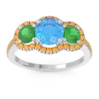Swiss Blue Topaz Ring In Palladium With Emerald And Citrine Attika Round Three-stone Ring