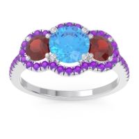 Swiss Blue Topaz Ring In Palladium With Garnet And Amethyst Attika Round Three-stone Ring