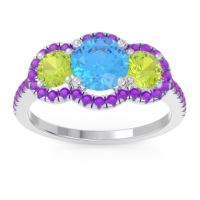 Swiss Blue Topaz Ring In Palladium With Peridot And Amethyst Attika Round Three-stone Ring