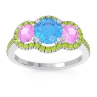 Swiss Blue Topaz Ring In 14k White Gold With Pink Tourmaline And Peridot Attika Round Three-stone Ring