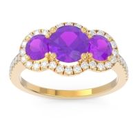 Amethyst Engagement Ring In 14k Yellow Gold With Diamond - Attika Round Three-stone Ring
