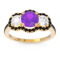 Amethyst Ring In 14k Yellow Gold With Diamond And Black Onyx Attika Round Three-stone Ring