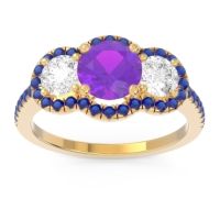 Amethyst Ring In 14k Yellow Gold With Lab Diamond And Blue Sapphire Attika Round Three-stone Ring