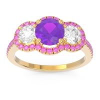 Amethyst Ring In 14k Yellow Gold With Lab Diamond And Pink Tourmaline Attika Round Three-stone Ring