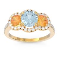Aquamarine Ring In 14k Yellow Gold With Citrine And Lab Diamond Attika Round Three-stone Ring