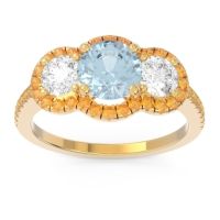 Aquamarine Ring In 18k Yellow Gold With Diamond And Citrine Attika Round Three-stone Ring