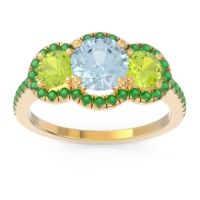 Aquamarine Ring In 18k Yellow Gold With Peridot And Emerald Attika Round Three-stone Ring