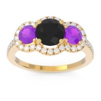 Black Onyx Engagement Ring In 14k Yellow Gold With Amethyst And Diamond - Attika Round Three-stone Ring