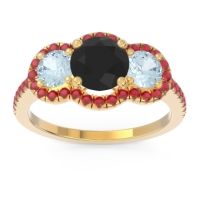 Black Onyx Ring In 14k Yellow Gold With Aquamarine And Ruby Attika Round Three-stone Ring