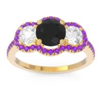Black Onyx Ring In 14k Yellow Gold With Diamond And Amethyst Attika Round Three-stone Ring