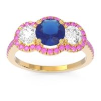Lab Blue Sapphire Ring In 14k Yellow Gold With Diamond And Pink Tourmaline Attika Round Three-stone Ring
