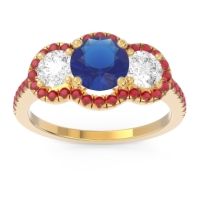Lab Blue Sapphire Ring In 14k Yellow Gold With Lab Diamond And Ruby Attika Round Three-stone Ring