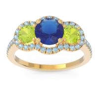 Lab Blue Sapphire Ring In 18k Yellow Gold With Peridot And Aquamarine Attika Round Three-stone Ring