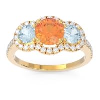 Citrine Ring In 14k Yellow Gold With Aquamarine And Lab Diamond Attika Round Three-stone Ring