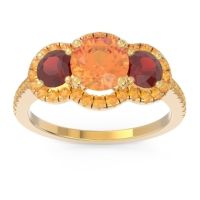 Citrine Ring In 18k Yellow Gold With Garnet Attika Round Three-stone Ring