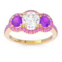 Lab Diamond Ring In 14k Yellow Gold With Amethyst And Pink Tourmaline Attika Round Three-stone Ring