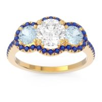 Lab Diamond Ring In 14k Yellow Gold With Aquamarine And Blue Sapphire Attika Round Three-stone Ring