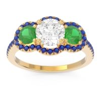 Lab Diamond Ring In 14k Yellow Gold With Emerald And Blue Sapphire Attika Round Three-stone Ring