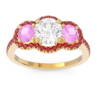 Lab Diamond Ring In 14k Yellow Gold With Pink Tourmaline And Ruby Attika Round Three-stone Ring