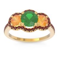 Emerald Ring In 18k Yellow Gold With Citrine And Garnet Attika Round Three-stone Ring
