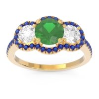 Lab Emerald Ring In 14k Yellow Gold With Lab Diamond And Blue Sapphire Attika Round Three-stone Ring