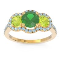 Emerald Ring In 18k Yellow Gold With Peridot And Aquamarine Attika Round Three-stone Ring