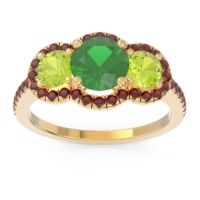 Lab Emerald Ring In 18k Yellow Gold With Peridot And Garnet Attika Round Three-stone Ring