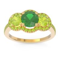Lab Emerald Ring In 18k Yellow Gold With Peridot Attika Round Three-stone Ring