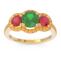 Lab Emerald Ring In 14k Yellow Gold With Ruby And Citrine Attika Round Three-stone Ring