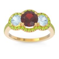 Garnet Ring In 18k Yellow Gold With Aquamarine And Peridot Attika Round Three-stone Ring
