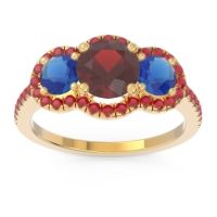 Garnet Ring In 14k Yellow Gold With Blue Sapphire And Ruby Attika Round Three-stone Ring
