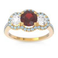 Garnet Ring In 14k Yellow Gold With Lab Diamond And Aquamarine Attika Round Three-stone Ring