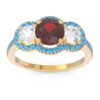 Garnet Ring In 14k Yellow Gold With Lab Diamond And Swiss Blue Topaz Attika Round Three-stone Ring